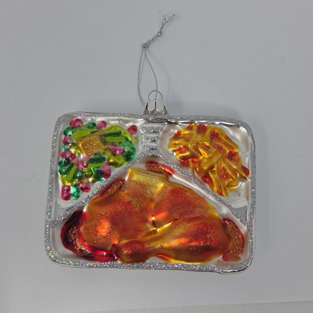 Robert Stanley Frozen Fried Chicken TV Dinner Glitter Glass Christmas Ornament